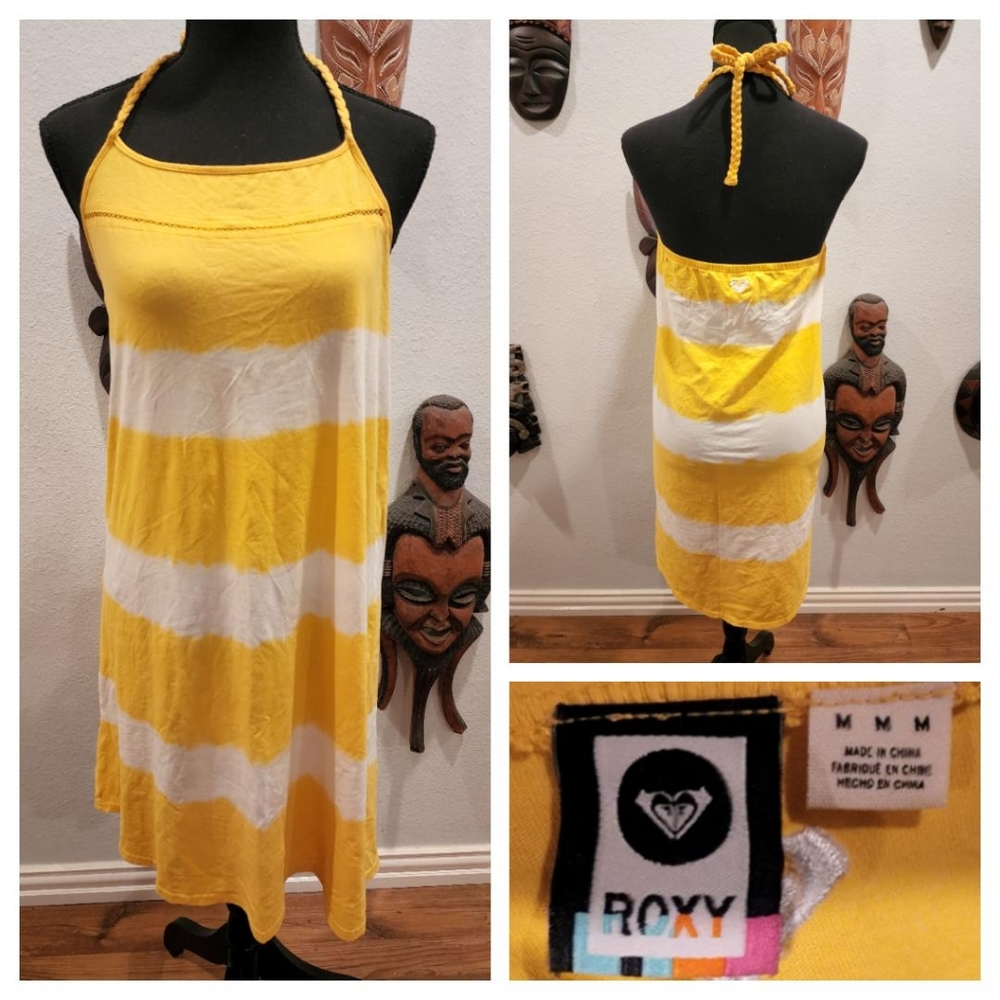 Roxy Yellow/White, Striped, Halter, Mini-Dress, Size M